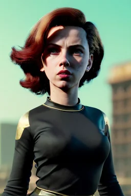 retro portrait image from 1960, city background, wind, long hair, fighting stance, young Scarlett Johansson, classic black tight lycra suit, metal stick weapon, gold bracelet and belt, high heel boots, soft color, highly detailed, unreal engine 5, ray tracing, RTX, lumen lighting, ultra detail, volumetric lighting, 3d, finely drawn, high definition, high resolution.