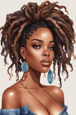 create a watercolor illustration of a curvy black female wearing Tight blue jeans and a hazel brown off the shoulder blouse. Prominent make up with long lashes and hazel eyes. She is wearing brown feather earrings. Highly detailed long black shiny dread locs in a bun that's flowing to the side.