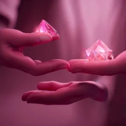 hands holding single pink crystal, on an altar in a foggy cave, cinematic,