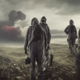 3 hommes en costume gris, masque à gaz, 4k, réaliste, paysage dévasté explosion nucléaire en fond, couleurs vives