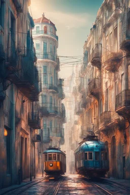 lisbon city view in fantasy cyberpunk style with famous tram