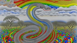 A light gray sky with rainbow serpents designed in Australian aboriginal art painted by Xul Solar