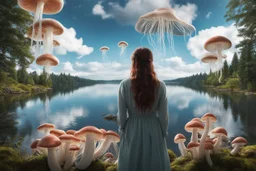 Photorealistic Photo Of A woman Looking Out Over A Lake With Mushrooms With Jellyfish Tentacles, Tall Narrow Cloud Trees In The Background