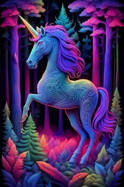 anatomically perfect neon unicorn, 3D embossed textured ethereal image; midnight hues, extreme colors, neon unicorn in a pine forest; trippin', psychedelic, groovy, art nouveau; indica, sativa, leaves, gig poster art, macabre, eldritch, bizarre, extreme neon colors, mixed media, velvet, blacklight, uv