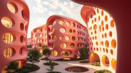 A futuristic residential complex designed with smooth, flowing curves inspired by natural forms. The buildings are constructed from innovative, translucent coloured materials that allow for ample natural light and feature numerous hexagonal windows arranged in organic patterns. Award-winning photograph, beautiful composition, exquisite detail and illumination