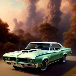 hyperrealism Drawing of '1967 Pontiac GTO' three quarter frontal aerial view, by gaston bussiere, greg rutkowski, yoji shinkawa, yoshitaka amano, tsutomu nihei, donato giancola, tim hildebrandt,oil on canvas, cinematic composition,Sharp detail,extreme detail,fit full head inside picture,16k