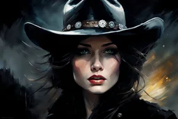 Petite Cute Brunette Woman 35 With An Under Bite And Pale Skin Sexy, With Eye Shadow And Long Lashes, cowboy hat, black jacket, in the country at night :: dark mysterious esoteric atmosphere :: digital matt painting with rough paint strokes by Jeremy Mann + Carne Griffiths + Leonid Afremov, black canvas, dramatic shading, detailed face