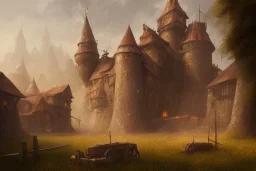 a rough medieval settlement, iron ,iron, iron, fantasy, d&d, concept art, sharp focus, trending on artstation, digital painting, midday, sunny, beautiful