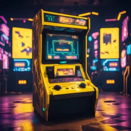 arcade machine screen facing forward, cyberpunk style, yellow colors