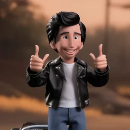 wide view young Fonz with black hair greaser figure doll 1990 (thumbs-up) (face) Forehead grin, fonzarelli, ((arnold's drive-in)) fonzie