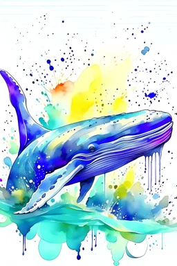 In an art realistic painterly a blue whale. Created with splashes and watercolour painting. No hard lines, under the sea, more free space, around the whale is a lot of fishes, dolphins, reflection of the ship on the surface