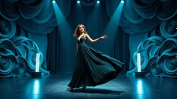 modern stage with gray-blue theme artistic decoration , color full dynamic lighting, a beautiful lady in modern maxy dark dark green dress with shining silver jwells dancing, 3D recursive fractal structure animating background