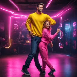 Hyper Realistic photographic-view of a Handsome Muscular Man in yellow sweatshirt-&-Navy-Blue-Jeans dancing-happily with a beautiful girl in pink sweatshirt-&-black-trouser inside a dark-dancing-studio-with-pink-neon-lights including big-metallic-chains & tyres giving there a dramatic & cinematic ambiance