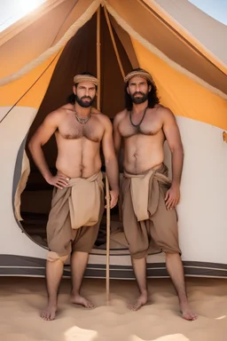 half figure photography of two serious ugly brawn 35-year-old burly beefy bullneck arabs tourist guides wearing bulging traditional trousers, shirtless, big shoulders, hairy chest, manly chest, with very bushy eyebrows, photorealistic, sunlight, ambient occlusion, strong side light , inside a camping tent in the desert