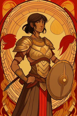 an anime drawing of a 40 year old thai woman. dark tan skin, toned and muscular. short in height. dark brown hair in a bob cut. she is wearing an armour over a beautiful thai gown. she has a sun themeing. and the color scheme is red and yellow. she is holding a shield and a sword