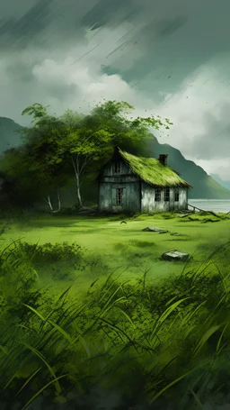 Painterly. Abstract. A cottage with a moss covered roof in a clearing. A willowy androgynous . Anomalous dark cloud issuing forth from the heart. Simple yet majestic