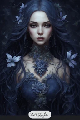 Dark blue hair, Water lilies long hair lotus night Fairy princess rapunzel hair queen crown dragonflies fireflies elven tiara flowers fairy wings gothic dark blue