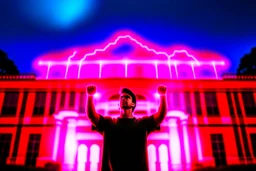 A young man standing, with arms raised, in front of a building at night, with red lightning