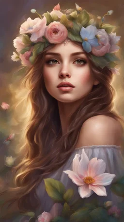 a girl with brown hair and flowers on her head, portrait of fairy princess, fairy look, big eyes, beautiful digital painting, beautiful fantasy maiden, digital painting, beautiful fantasy painting, faerie, very beautiful fantasy art, beautiful fantasy art, fairy aesthetics, beautiful fairie, beautiful fantasy art portrait, beautiful girl fairy, young girl, beautiful fairy, beautiful fantasy portrait, anime fantasy artwork