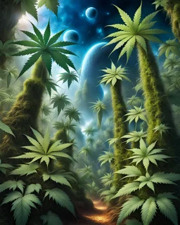 Forest of giant cannabis plants in a tropical setting, beautiful fantasy landscape, realistic and natural, cosmic sky, detailed full-color, nature, hd photography, fantasy by john stephens, galen rowell, david muench, james mccarthy, hirō isono, realistic surrealism, elements by nasa, magical, detailed, alien plants, gloss, hyperrealism