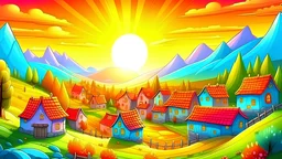 Draw a village, very wonderful, multi-colored, with a stunning view that is half snowy and half summer and a magical sunset, in a realistic cartoon style, suitable for children.