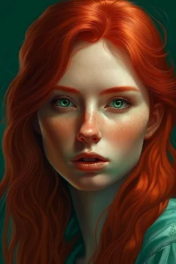 Red haired women portrait, Cottagecore aesthetic, with red straight hair, pale skin, toned legs, (hazel-turquoise eyes), long eyelashes, (naturally soft skin, defined high cheek bones), face details, magic, digital painting, digital illustration, extreme detail, digital art, 4k, ultra hd, hyperrealism, trending on artstation, vintage photography, tumblr aesthetic, DnD fantasy, hd photography, hyperrealism, [light freckles]. White dress with details. Full lips. Her hair is straight without waves