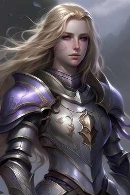female with long blonde hair and lavender eyes, wearing heavy armor, and shield whole body