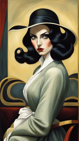 Fred Calleri, Tamara de Lempicka, Fabio Hurtado , retro style art ,muted colors, hard impressionists brushstrokes, full body portrait, mature, elegant vampire sorceress, highly detailed black hair and facial features, big round eyes, intimate, perfect anatomy, fading edges, combined with the photographic style of Diane Arbus