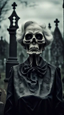 Old photo of scary grandmother whose face resembles a skull stands ominously in the style of a horror film against the backdrop of a gloomy cemetery.