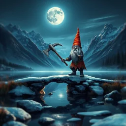 airbrush and pen outline, a glittering Deep Gnome (Svirfneblin) holding huge pickaxe balancing on frozen bridge pond, huge mountains and moon reflecting on pond, goa psy ambient in the style of vangelis and fsol, source vibrations, bokeh like f/0.8, tilt-shift lens 8k, high detail, smooth render, down-light, unreal engine, prize winning