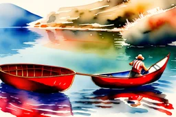 en impressionistisk vattenfärgsmålning av en grekisk fiskare som rå en rödbåt i en lugn sjö