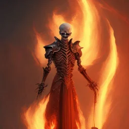 A skeleton man with fiery eyes and a dark leather dress and a long black cloak sitting on a big, skeletal and fiery horse, full HD, 4K, 8K, magical, fantasy, 3D, symmetrical, detailed and complete painting