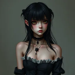 a pretty girl, skinny, dark hair, gothic clothes, dark fantasy, pale, stylised, young,