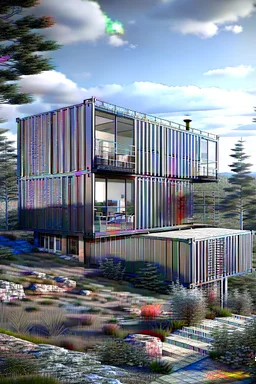 Medium-sized modern house made from shipping containers, on a hill overlooking the woods, photorealistic