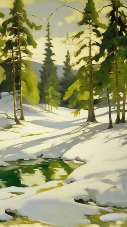 A white snowfield with spruce trees painted by John Singer Sargent