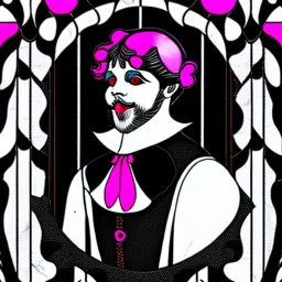 Storybook illustration of a Pierrot Clown, black and white with pink accents, Beardsely style, art nouveau elements, vintage drawing, pierrot vintage, black and white marble floor