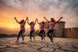 a group of Turkish young ladys in sports pants and blouse are dancing in Babak Castle in Iran west north ,cloudy sun set sky