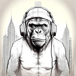 draw cool king kong wearing head phones in it`s neck, wearing t-shirt cap written Dubai