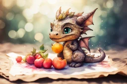 double exposure, merged layers, painted and burned burlap, cute chibi anime dragon eating fruit, melting watercolor and black ink outlines on wet paper, soft, shading strokes, in sunshine, ethereal, otherwordly, cinematic postprocessing, bokeh, dof