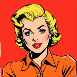 50s comics, marilyn monroe in an orange shirt , red background