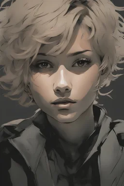 Portrait of a young female with short curly hair, and tan skin color, drawn in Yoji Shinkawa style, black and white with a gray background.