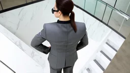 In a high-angle perspective, a woman is seen standing in front of a staircase, her back to the viewer. She is dressed in a gray suit jacket, gray pants, and a black collared shirt. Her hair is neatly pulled back into a ponytail and she is adorned with a pair of black sunglasses. The staircase, built of white marble, has a glass railing on each side. To the left of the staircase, a brown-framed window adds a touch of natural light. The light brown wooden floor is adorned with a few cushions on bo