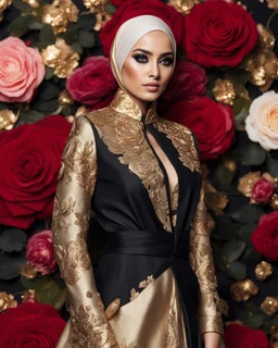 Luxury potrait of a beautiful super model hijab beauty makeup cosmetic,she wearing islamic a luxurious details pattern color gold and black casual jacket with designed large flower details that resemble roses.The dress has an asymmetrical design with one sleeve and a flowing skirt.background of the image shows a red carpet event with floral decorations,close-up portrait