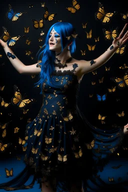 Girl with blue hair in black and gold dress dancing with butterflies