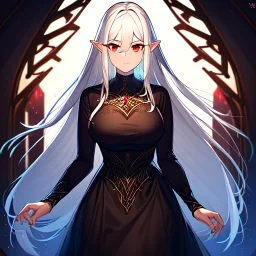 Clear focus,High resolution, High quality, elf, long white hair, red eyes, intricate details, insanely detailed, black dress