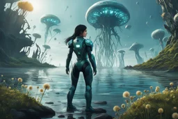 young woman in an android suit with dark hair, standing on the shore of an alien sea. Floating forests with dandelion tops in the distance