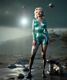 Ultra Realistic retro sci-fi 1960 scene, waist up view portrait, blonde woman, sweet young Marilyn Monroe face, perfect iris, tight latex coat, alien planet background, tight style, steel sphere dron levitating, fog, rain, soft color, highly detailed, unreal engine 5, ray tracing, RTX, lumen lighting, ultra detail, volumetric lighting, 3d, finely drawn, high definition, high resolution.