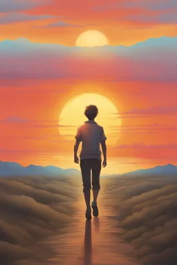 The figure walking confidently towards the horizon, with a bright, promising sunrise in the background, symbolizing hope and continued strength, illustrated in a realistic style with vibrant colors and detailed scenery.