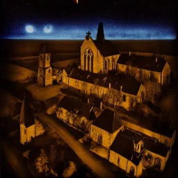 aerial wide view contemporary crime fiction, old stone church, French village at night, big sky, templar seal, occultism, dark, night, epic illustration, color wet plate