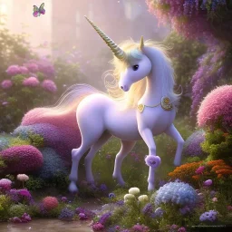 pixar style, volumetric summer garden environment and background, realistic painting of an unicorn and butterflys, looking excited, volumetric lighting, dramatic lighting, detailed digital painting, extreme dense and fine fur, anime, ornate, colour-washed colors, elegant, small minutiae, tiny features, particulars, centered, smooth, sharp focus, renderman gofur render, 8k, uhd, detailed eyes, realistic shaded volumetric lighting, sunlight caustics, backlight, centered camera view